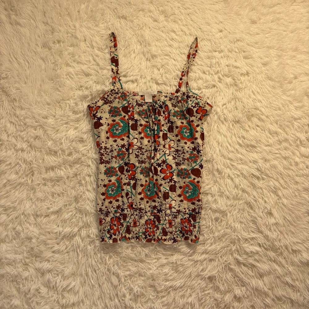 y2k cream, orange, brown floral paisley print tank top large